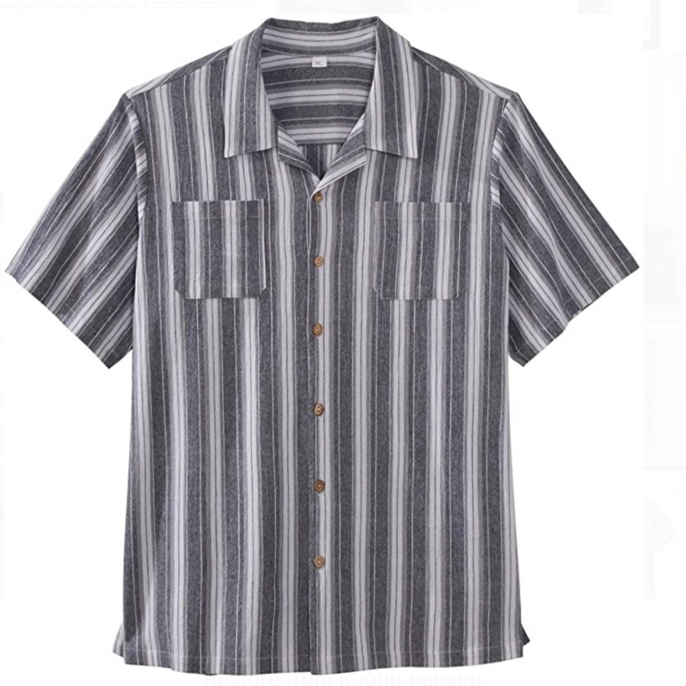 KS Island NWT King Size Men’s Big&Tall Gauze Camp Gray Striped Shirt